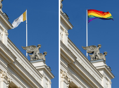 Bilden till vänster, föreställandes Universitetshuset, är tagen av Mikael Risedal och kommer från LU:s bildbank under kategorin Fri publicering. Den högra bilden är ett montage med en regnbågsflagga fotad av Benson Kua och licensierad under Creative Commons.
